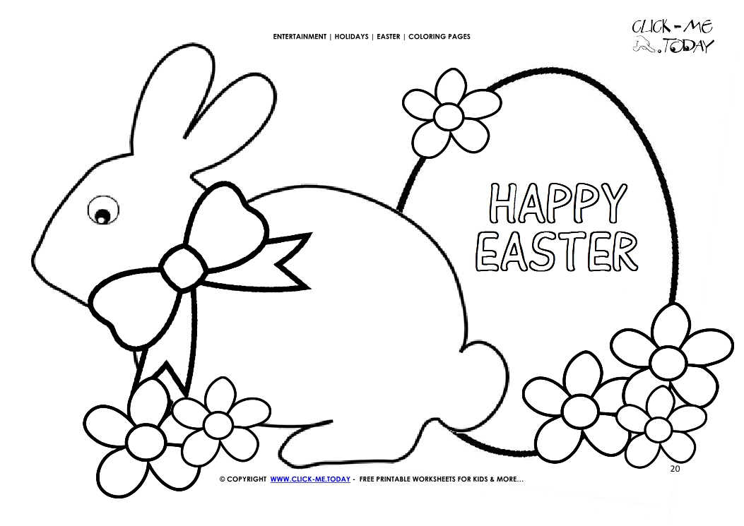 Easter Coloring Page: 20 Happy Easter big bunny plain egg & flowers